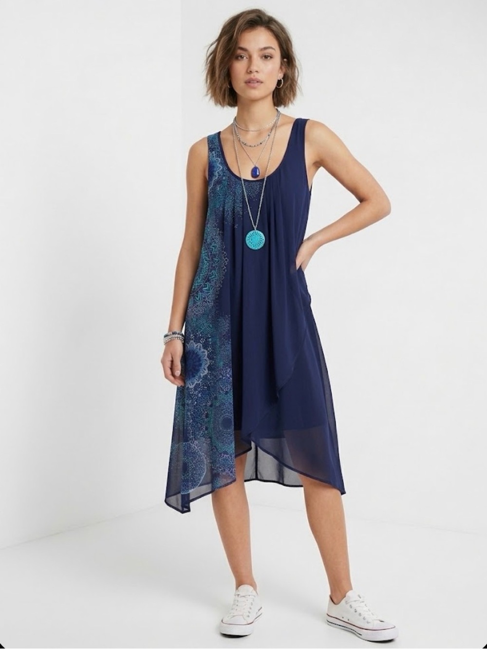 Desigual Spain Navy Blue Mandala Layered Asymmetric Dress Sz 44 L